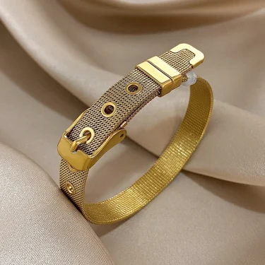 AENSOA Classic Belt Shape Stainless Steel Bracelets for Women Men Statement Gold Plated Metal Bangle Unisex Wristband Jewelry 6