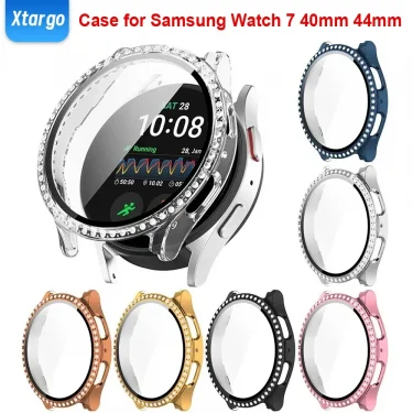Diamond Case for Samsung Galaxy Watch 7 40mm 44mm Screen Protector Tempered Glass Bling Cover Full Protector for Galaxy Watch FE 1