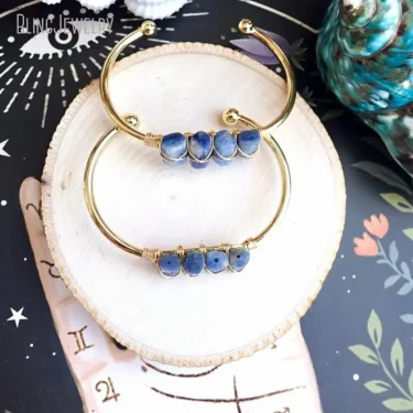 10pcs Gold Color Stainless Steel Open Bangle Blue Kyanite Cuff Bracelet Women Natural Stone Jewelry Bijoux Bridesmaid Wristband 2