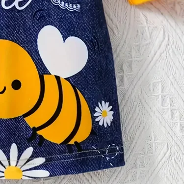 Cute Bee Print Suspender Spliced Dress For Girls, Round Neck Long Sleeve Casual Dress 6