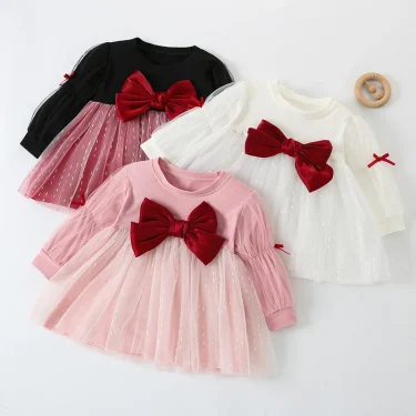 Children's Korean version dress girls' spring and autumn fashion long sleeved bow mesh dress baby's birthday dress 0-4Y 6