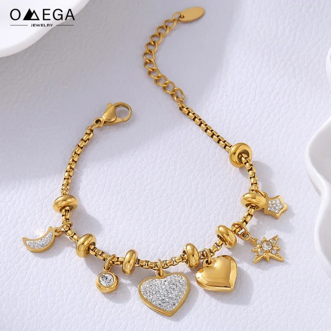 316L Stainless Steel Heart Charm Bracelets For Women 18k Gold Plated Various Pendants With Shining Zircon Women's Hand Bracelet 1