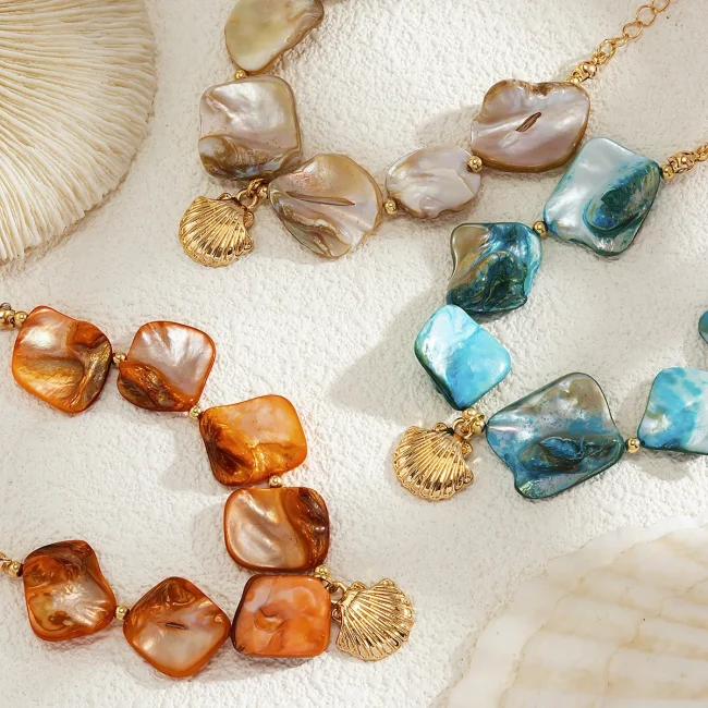 Boho Gold Color Metal Scallop Pendant Bracelet 2024 Women's Simple Color Stone Bead Bead Bead Girlfriend Fashion Beach Jewelry 5