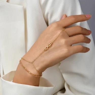 Simple Heart Pendant Chain Bracelet Link Connected Gold plated Wide Finger Ring Bracelets for Women Link Hand Harness Jewelry 5