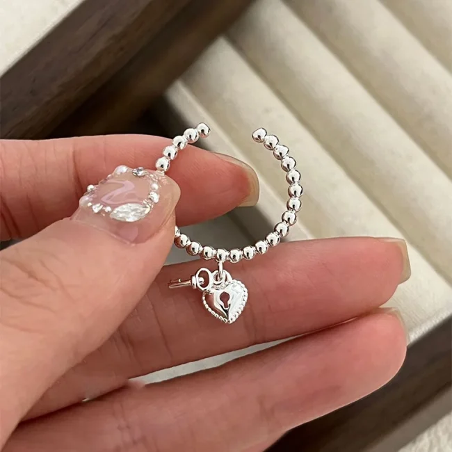Foxanry Silver Color Love Heart Key Pendant Rings For Women Girls Creative Trendy Simple Sweet Elegant Anniversary Jewelry Gifts 4