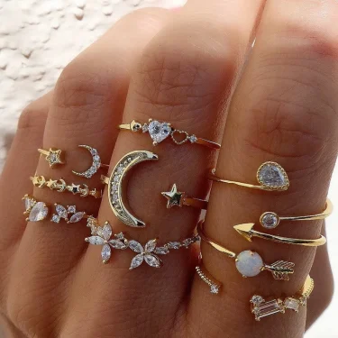 New Boho Gold Color Heart Rings Set For Women Vintage Geometric Cross Pearl Butterfly Finger Ring Female Trendy Jewelry Gifts 1