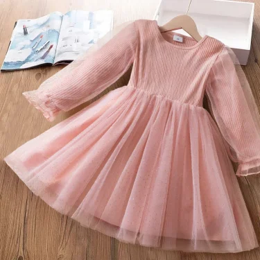 Kids Girl Dress for Christmas Autumn Winter Long Sleeves Mesh Knitted Warm Casual Clothes for Kids Pink Birthday Party Costume 1