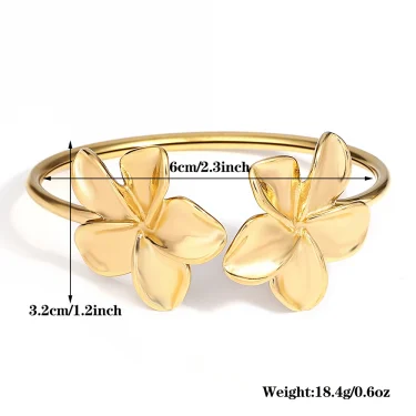 Greatera Stainless Steel Double Flower Cuff Bracelet Bangle for Women Gold Color Metal Floral Bracelets Waterproof Party Jewelry 6