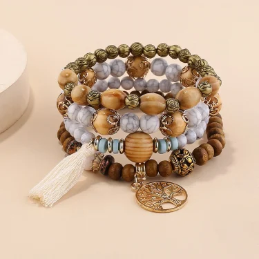4Pcs/Set Boho Wooden Beaded Bracelet Set For Women Tree Of Life White Tassels Charm Elastic Chain Bangle Lady Bohemia Jewelry 4