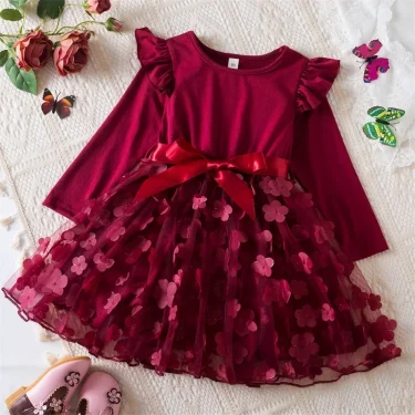 Elegant Girls Dress Long Sleeve Solid Clothes Red Christmas 2024 New Flower Girls Birthday Party Princess Dress for 2-6 Yrs Kids 1