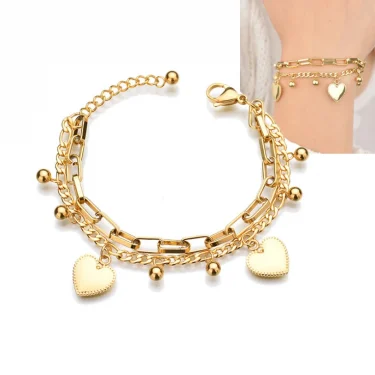 316L Stainless Steel New Fashion Upscale Jewelry Bohemia 2 Layer Ball Lovers Love Heart Charm Thick Chain Bracelet For women 2