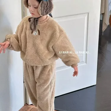 Korea Toddler Girls Cute Sweatshirt Suits Warm Hoodies+Pants 2pcs Sets Children Boys Outfits Winter 2