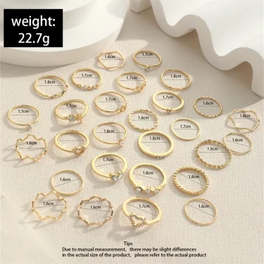 Fashion Simple Wave Joint Rings Set For Women Crystal Heart Shape Gold Silver Color Ring Female Party Jewelry 2