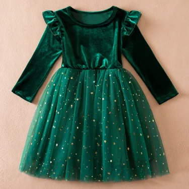 2025 Red Christmas Dress for Baby Girls Winter Long Sleeve Mesh Dresses for 3-8Yrs Kid Star Sequin Birthday Party Princess Dress 2