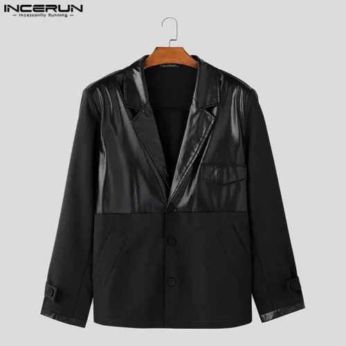 INCERUN Tops 2025 Korean Style Fashion Men's PU Leather Splicing Design Suit Coat Handsome Male Personality Long Sleeved Blazers 5