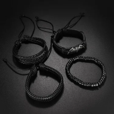 4Pcs/set Leather Beaded Black Bat Bracelet Charming Men's Bracelet New Fashion Hip Hop Punk Accessories Jewelry Gift Wholesale 6