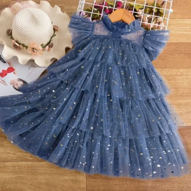 Girls Ruffles Dress Summer Sequin Costume Princess Wedding Dresses Girls Party Mesh Layers Cake Dress 3-8Y Children Casual Dress 2