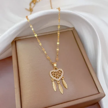 ZAKOL Classic Gold Color Stainless Steel Necklace For Women Shiny Zircon Geometric Heart Pendant Necklaces Jewelry Gift 6