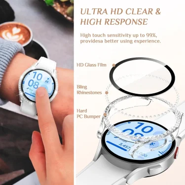 Case for Samsung Galaxy Watch 7 6 5 4 40mm 44mm Screen Protector PC Bumper Tempered Glass Diamond Integrated Protective Case 4