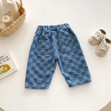 MILANCEL 1-5Y Children Jeans Boys Denim Pants Mid Waist Girls Trousers Fashion Kids Plaid Pants 4