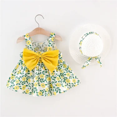 Summer New Floral Beach Party Baby Girl Dress, Sweet Bow Children'S Clothing With Free Hat（9 Months - 3 Years Old） 4
