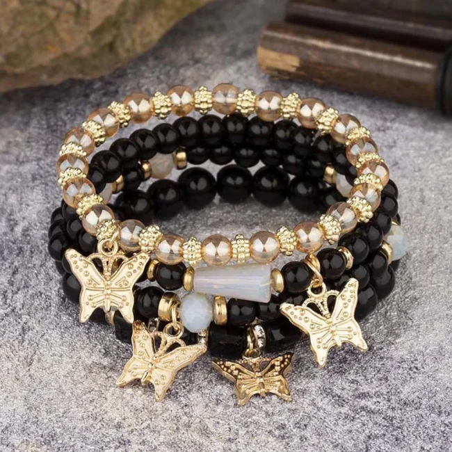 4Pcs Bohemia Butterfly Charm Bracelet Set For Women Acrylic Beads Elastic Chain Bangle Men Wristband Fashion Party Jewelry Gift 1