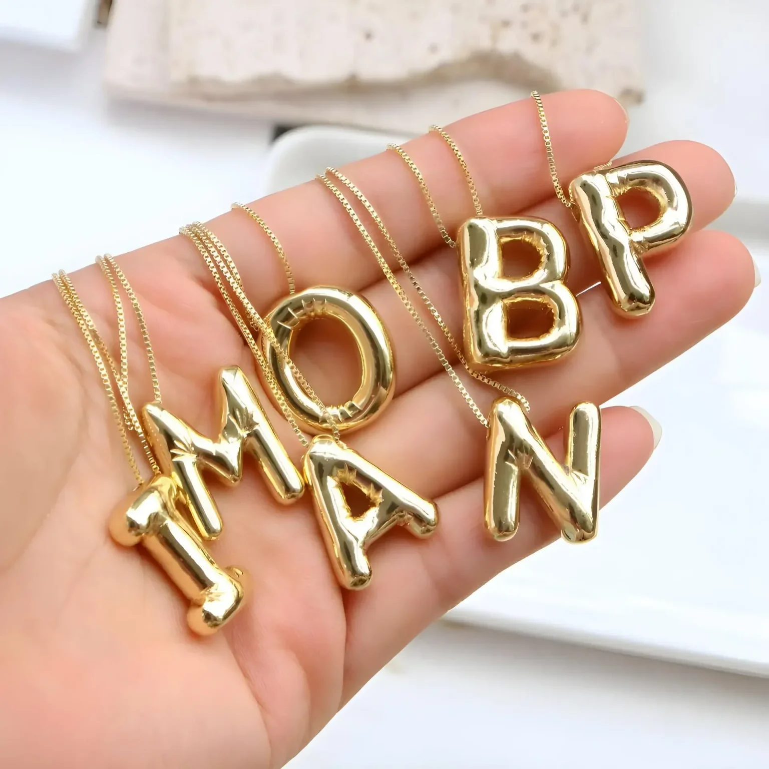 LATS Gold Plated Metal Chunky Alphabet Balloon Bubble Initial Letter Pendant Necklace for Women Men Boy Fashion Jewelry 3