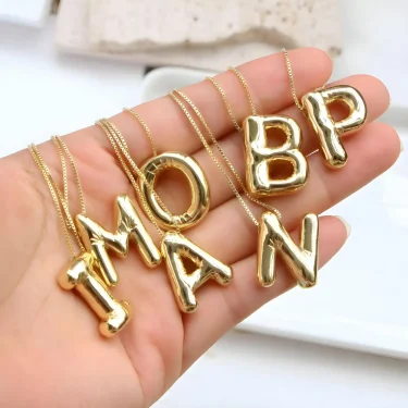 LATS Gold Plated Metal Chunky Alphabet Balloon Bubble Initial Letter Pendant Necklace for Women Men Boy Fashion Jewelry 3