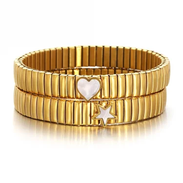 Gold Color Stainless Steel Elastic Bracelet Bangle for Women Men Inlaid Shell Star Heart Bracelet Classic Watch Chain Jewelry 3