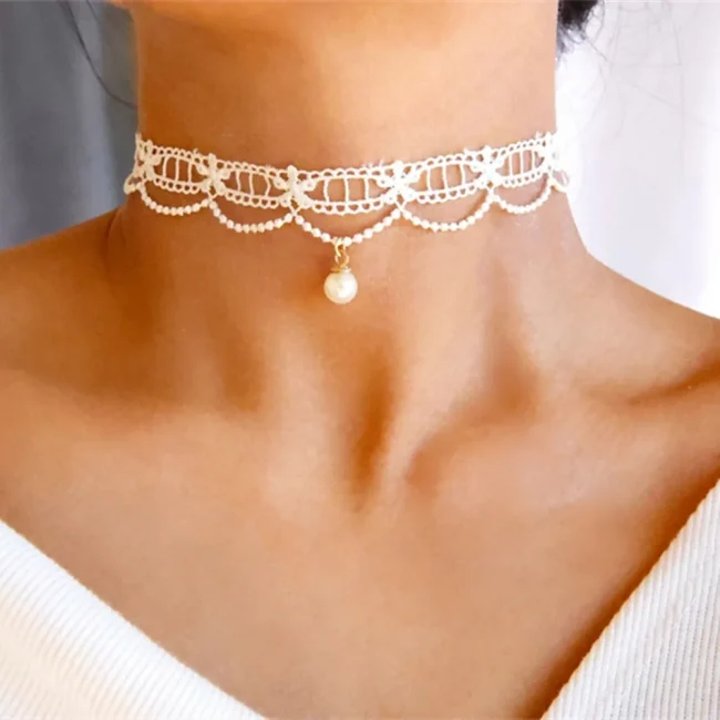 Vintage Fashion Black Lace Heart-Shape Artificial Pearl Pendant Necklace Female Women Sexy Simple Choker Ladies Party Jewelry 6