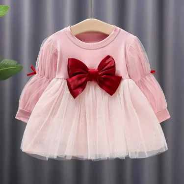 Children's Korean version dress girls' spring and autumn fashion long sleeved bow mesh dress baby's birthday dress 0-4Y 3