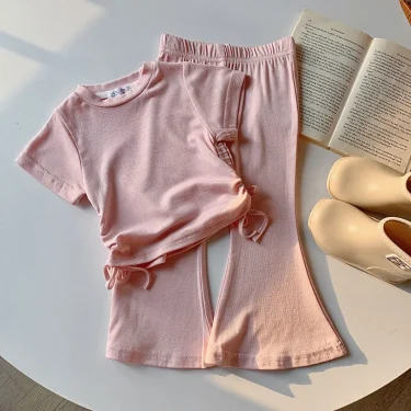 2-8 Years Old Solid Color Fashionable Casual Girl Drawstring Short Sleeved+Flared Pants Two-Piece Set Children Sets Summer 6