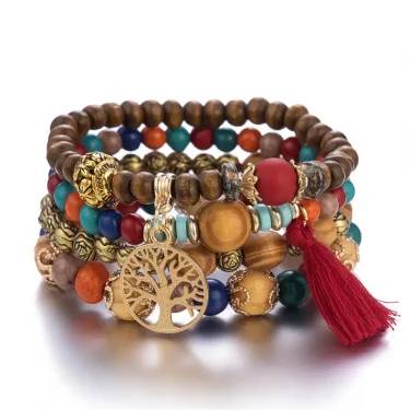 4Pcs/Set Boho Wooden Beaded Bracelet Set For Women Tree Of Life White Tassels Charm Elastic Chain Bangle Lady Bohemia Jewelry 6
