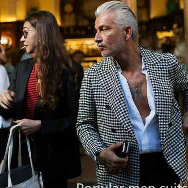 Plaid Wedding Blazer Men Gentleman Suit Houndstooth Jacket Casual Slim Fit Double Breasted Coat Formal Business Male Only Blazer 3
