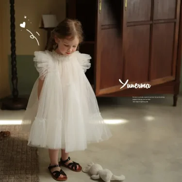 Girls Casual Dresses Manual Splicing Fluffy Yarn Princess Summer New Childrens Clothing Soild Round Collar Lace Sweet 2
