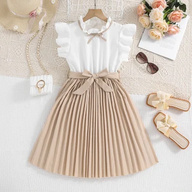 Kids Dress For Girls White Petal Sleeves Pleated Khaki Skirt &Bow tie Preppy Style Elegant Birthday Party Clothes For 8-12 Years 1