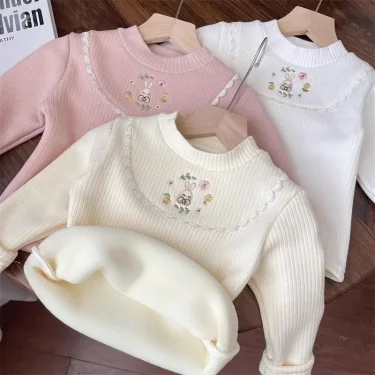 1pcs Children's T-Shirts Cartoon Embroidery Velvet warm top Kids Half High Collar Long Sleeve Base Shirt Girls Tshirts Clothes 1