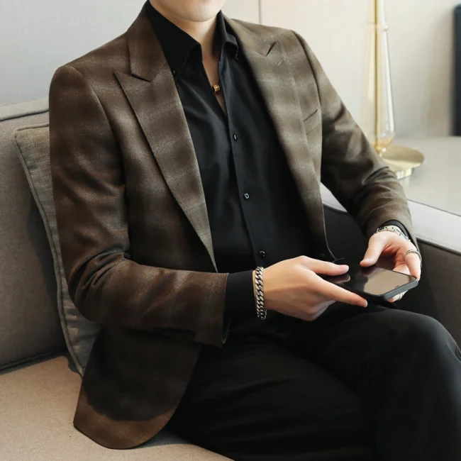 The new high quality men's casual suit is stylish and handsome slim fit with the trend checkered boutique suit single west coat 5