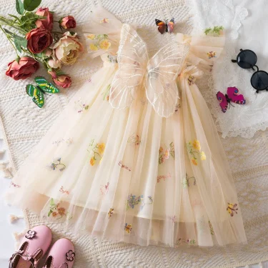 Toddler Baby Girls Party Dresses Back Butterfly Fairy Clothes Kids Lace Embroidery Mesh Tutu Infant Birthday Christmas Dresses 3