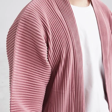 Miyake Pleated Men Cardigan Blazer Pink Sets Korean Homme Fashion Designer Jacket Suits 3