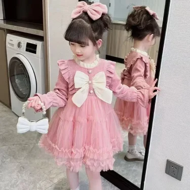 Girls Dress Autumn Girl Red Fluffy Skirt 3-8 Year Old Children Long Sleeved Dress Fashionable Bow Tie Pink Gauze Skirt 4