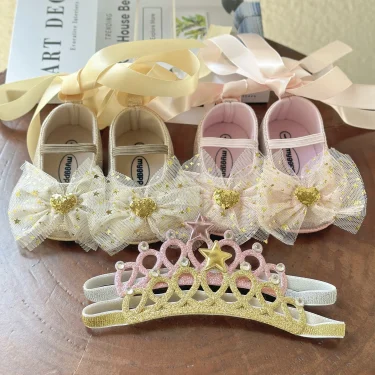 2pcs/Set Newborn Baby Shoes Baby Boy Girl Shoes Girl Classic Bowknot Rubber Sole Anti-slip PU Dress Shoes First Walker Toddler C 1