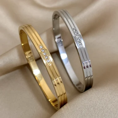 Minimalist Glossy Stainless Steel Bracelet for Women Simple Trendy Inlaid Rhinestone Gold Silver Color Wrist Bangle Jewelry Gift 1