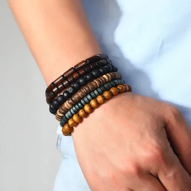 4Pcs/ Set Braided Wrap Leather Bracelets for Men Vintage Life Tree Rudder Charm Wood Beads Ethnic Tribal Wristband Rope Bracelet 5
