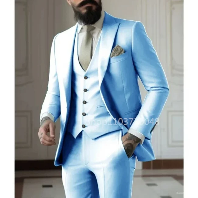 Latest Solid Formal Men's Suit Slim Fit Elegant Groom Tuxedos Wedding Business Party Suits 3 Pieces Sets (Jacket+Vest+Pants) 2