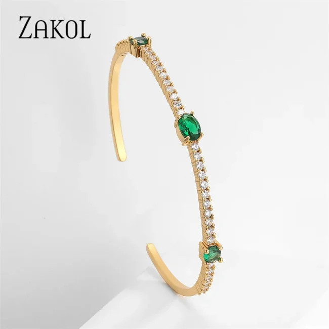 ZAKOL Fashion Green Zircon Cuff Bangles Bracelet for Women Oval Cubic Zirconia Gold Color Bracelets Christmas Party Jewelry 3