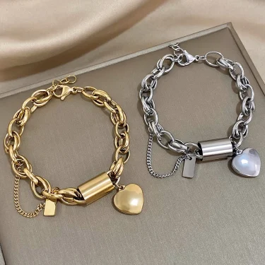 Heart Lock Stainless Steel Charm Bracelet Chunky Gold Plated Chain Love Bracelets Christmas Valentine Gift 3