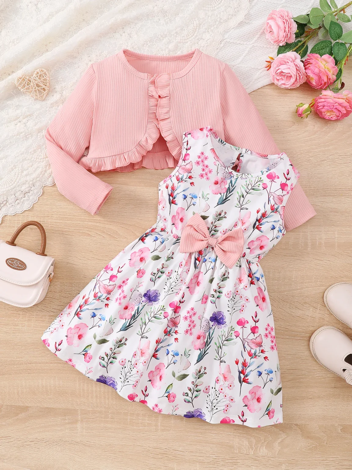 4-7 Years Kids Girls 2PCS Dress Set Solid Knitted Overcoat+Floral Sleeveless Dress with Belt Photography Style Princess Clothing 2