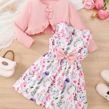 4-7 Years Kids Girls 2PCS Dress Set Solid Knitted Overcoat+Floral Sleeveless Dress with Belt Photography Style Princess Clothing 2