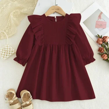 Plain Casual Girls Dress Autumn Long Sleeved Pleated Kids Dresses for Girls Pink Clothes Fashionable New Children's Clothing 3